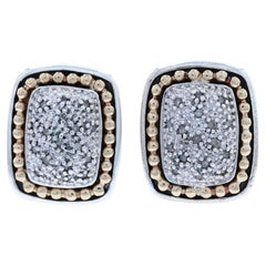 Silver & Yellow Gold Diamond Cluster Large Stud Earrings 925 & 14k .20ctw