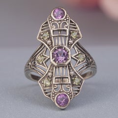 Vintage Sterling Silver Filigree Ring with Amethyst and Pearl