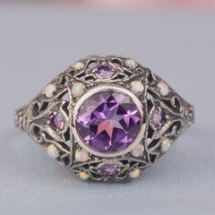 Silver925 Natural Amethyst Synthetic Opal White Vintage Filigree Ring