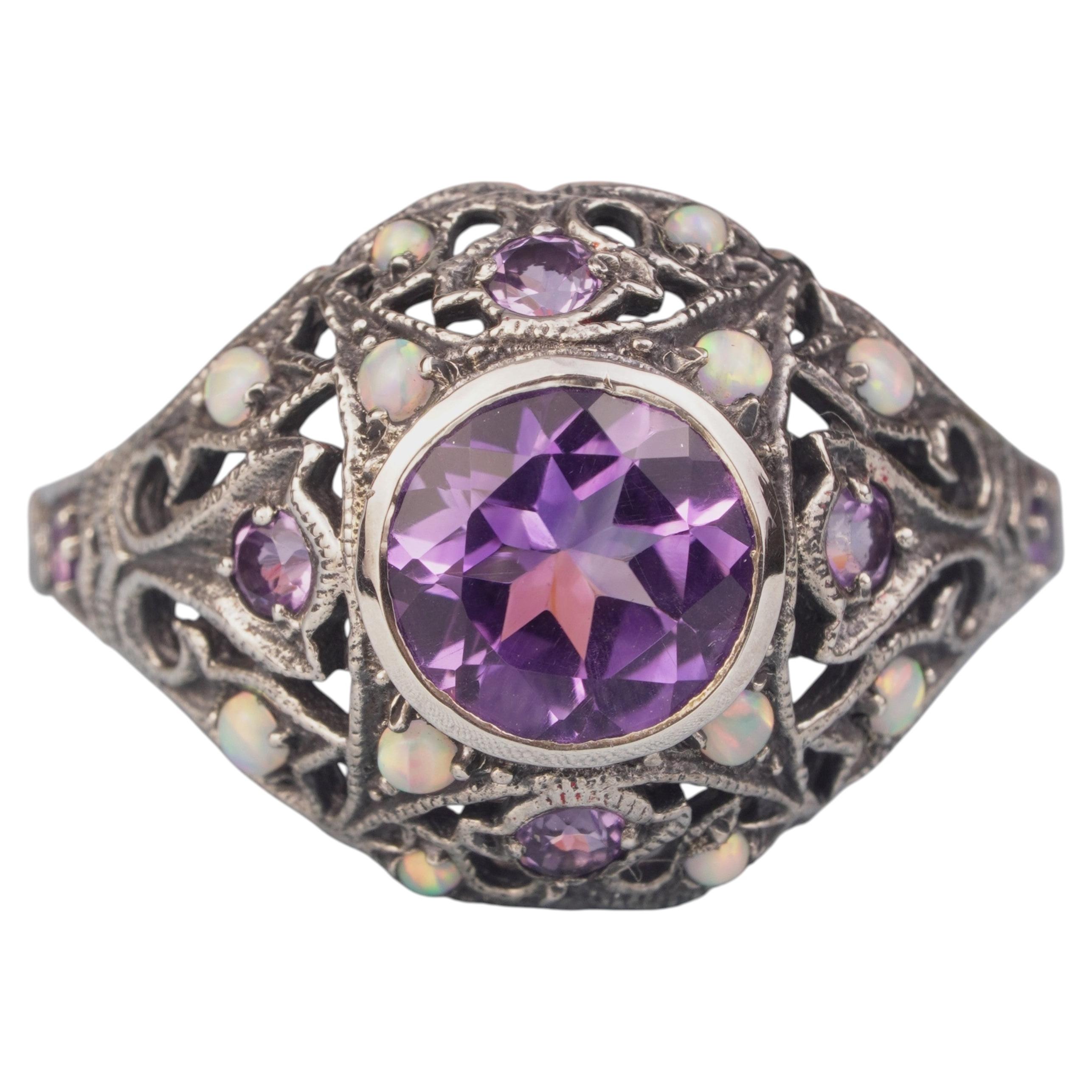 Argent925 Améthyste Naturelle Opale Synthétique Blanche Bague Vintage Filigree