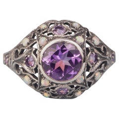 Silver925 Natural Amethyst Synthetic Opal White Vintage Filigree Ring