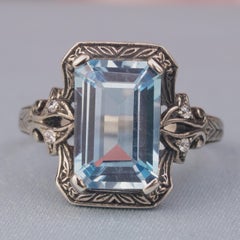 Silver925 Natural Blue Topaz Cubic Zirconia Vintage Filigree Ring