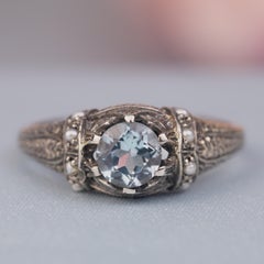 Silver925 Natural Blue Topaz Pearl Vintage Filigree Ring