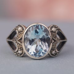 Silver925 Natural Blue Topaz Pearl Vintage Filigree Ring