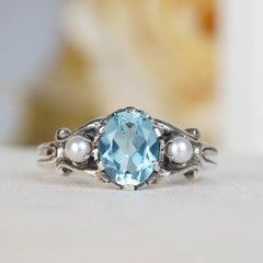 Silver925 Natural Blue Topaz Pearl Vintage Filigree Ring