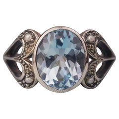 Silver925 Natural Blue Topaz Pearl Vintage Filigree Ring