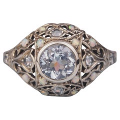 Silver925 Natural Blue Topaz Synthetic Opal White Vintage Filigree Ring