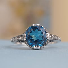 Argento925 Anello Vintage con Topazio Blu Naturale