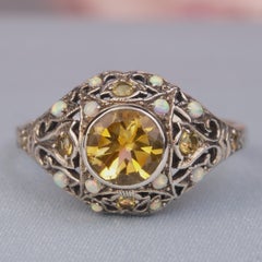 Silver925 Natural Citrine Synthetic Opal White Vintage Filigree Ring