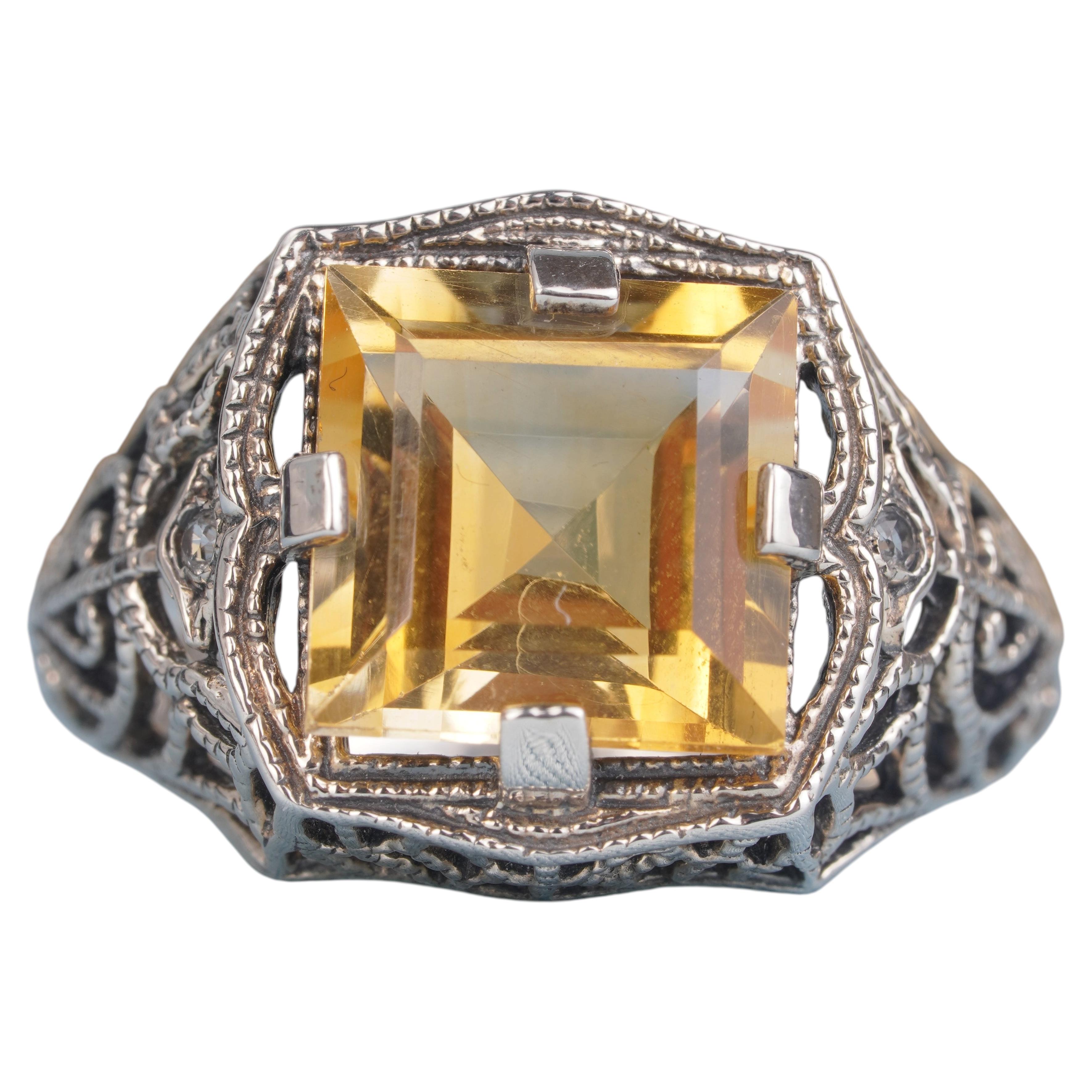 Silver925 Natural Citrine White Topaz Filigree Ring For Sale