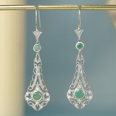 Boucles d'oreilles vintage en filigrane en argent 925 avec émeraude naturelle et diamant