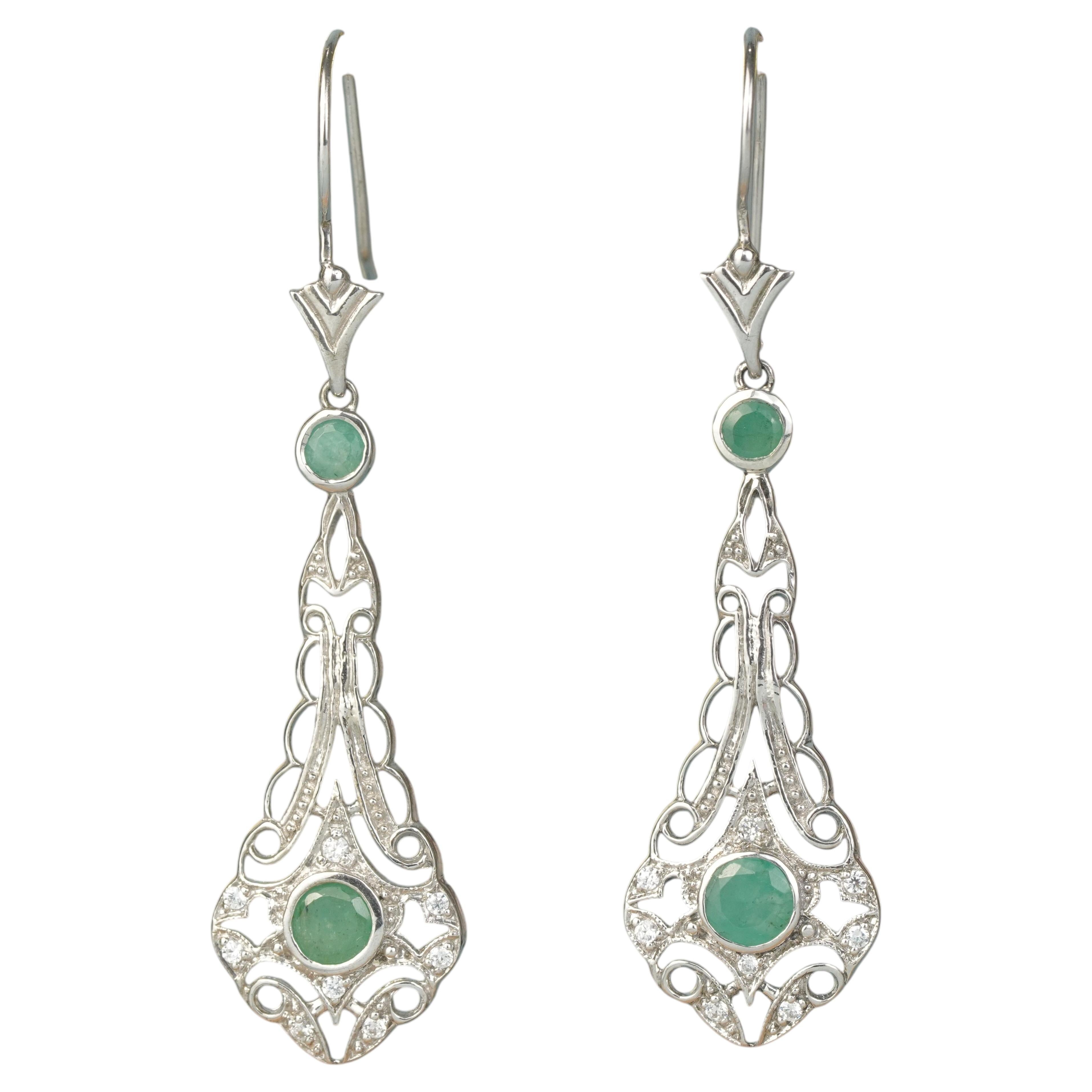 Silver925 Natural Emerald Diamond Vintage Filigree Earrings