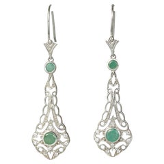 Boucles d'oreilles vintage en filigrane en argent 925 avec émeraude naturelle et diamant