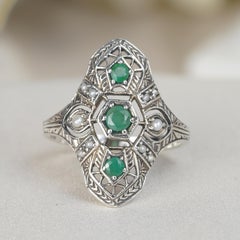 Silver925 Natural Emerald Pearl Vintage Filigree Ring