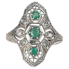 Silver925 Natural Emerald Pearl Vintage Filigree Ring