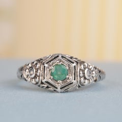 Silver925 Natural Emerald White Topaz Vintage Filigree Ring