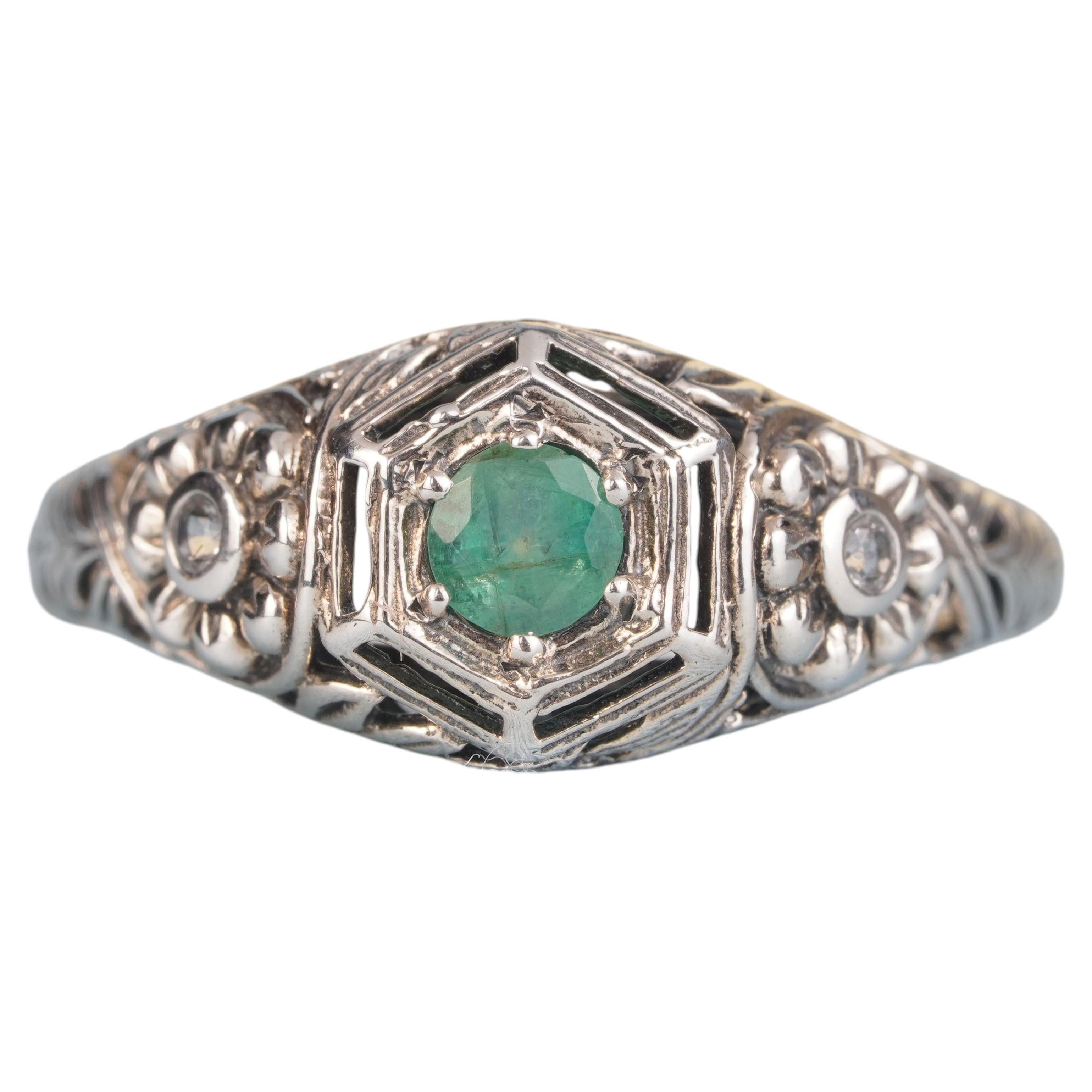 Silver925 Natural Emerald White Topaz Vintage Filigree Ring