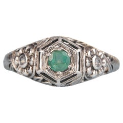 Silver925 Natural Emerald White Topaz Vintage Filigree Ring