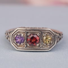 Silber925 Natürlicher Granat Citrin Amethyst Vintage Filigraner Ring