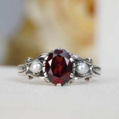 Silver925 Natural Garnet Pearl Vintage Filigree Ring