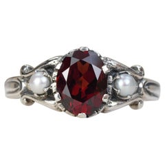 Silver925 Natural Garnet Pearl Vintage Filigree Ring