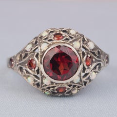 Silver925 Natural Garnet Synthetic Opal White Vintage Filigree Ring