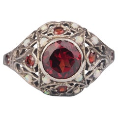 Silver925 Natural Garnet Synthetic Opal White Vintage Filigree Ring