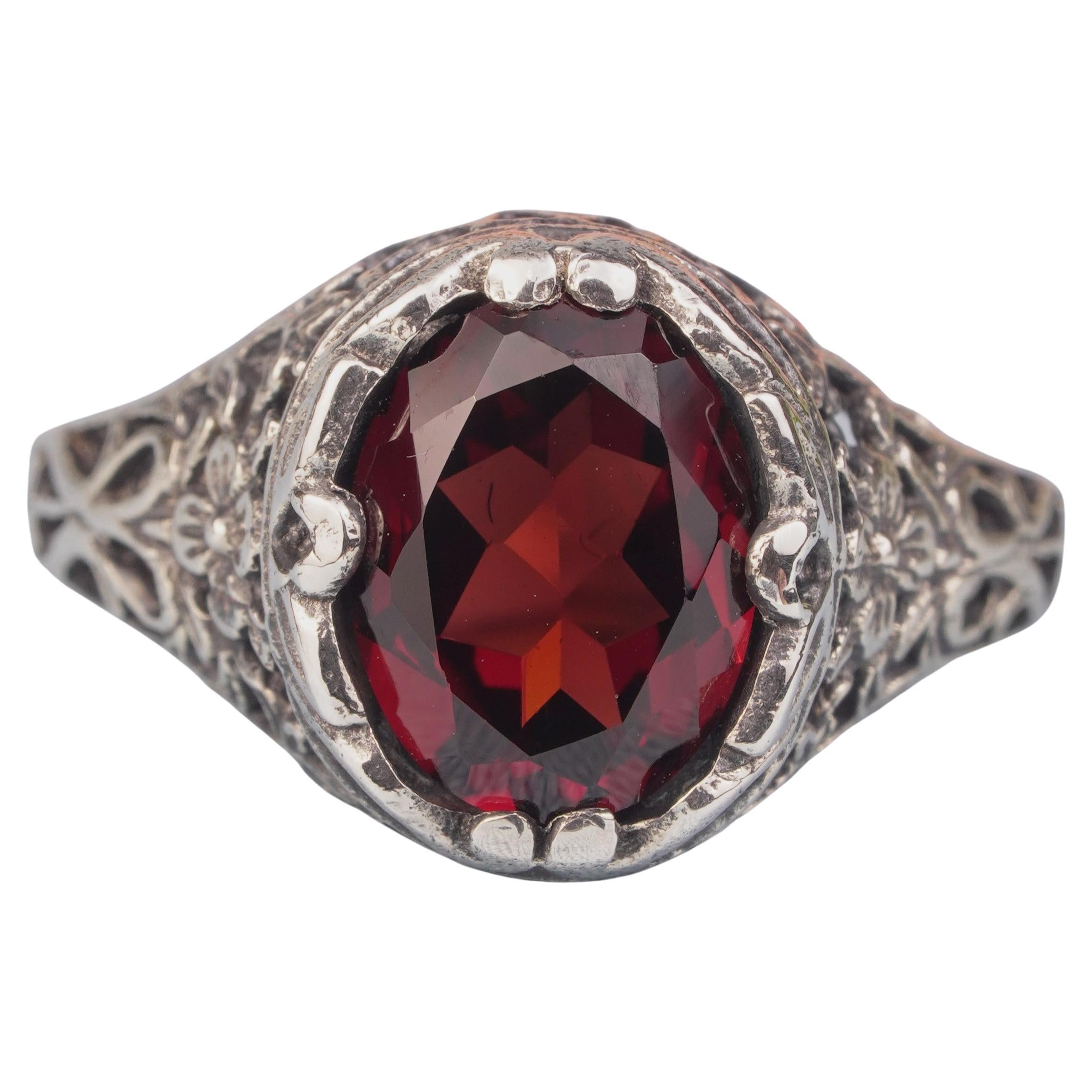 Silver925 Natural Garnet Vintage Filigree Ring