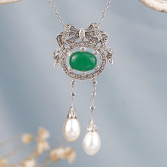 Silver925 Natural Jade Pearl White Topaz Ribbon Bow Negligee Necklace