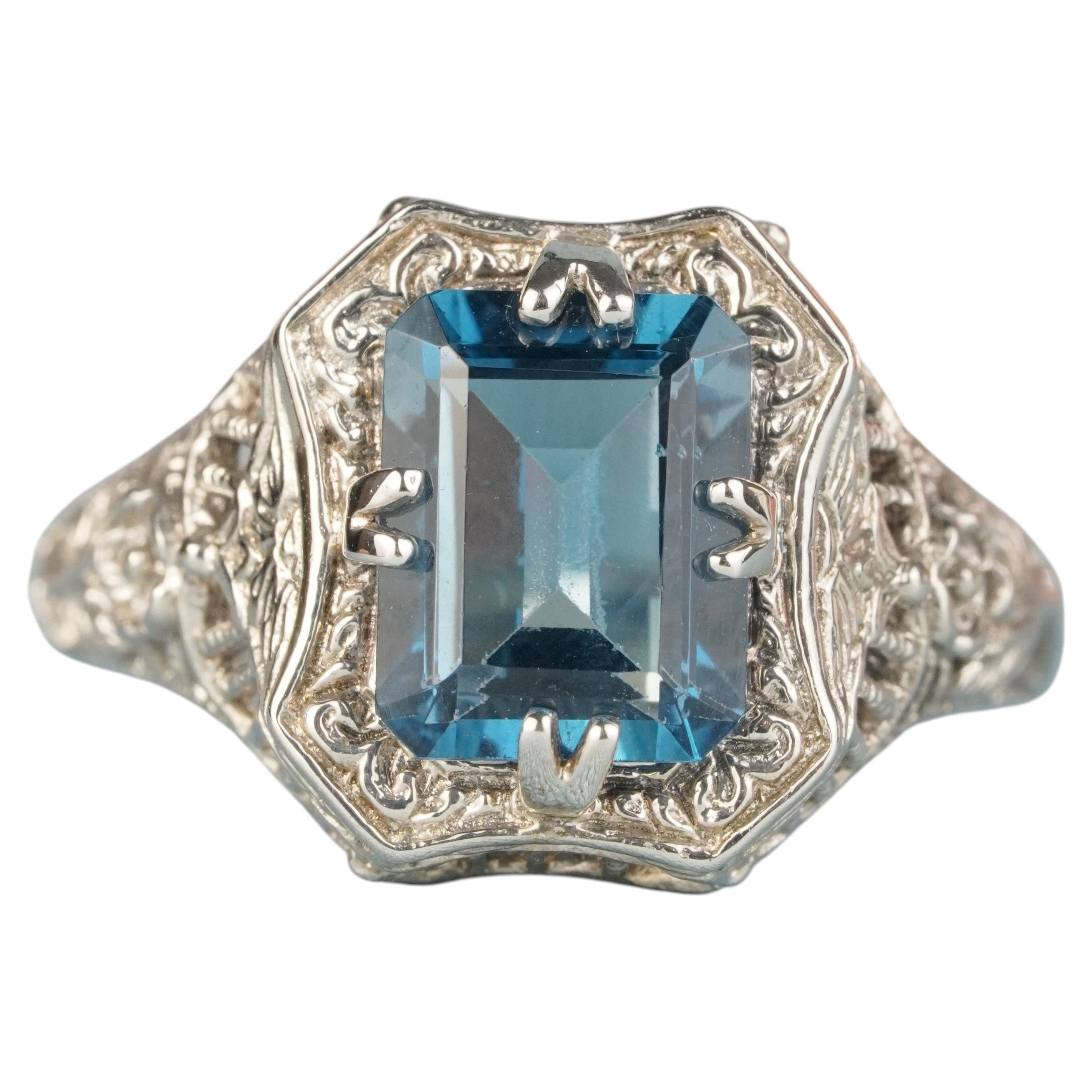 Silver925 Natural London Blue Topaz Vintage Style Filigree Ring
