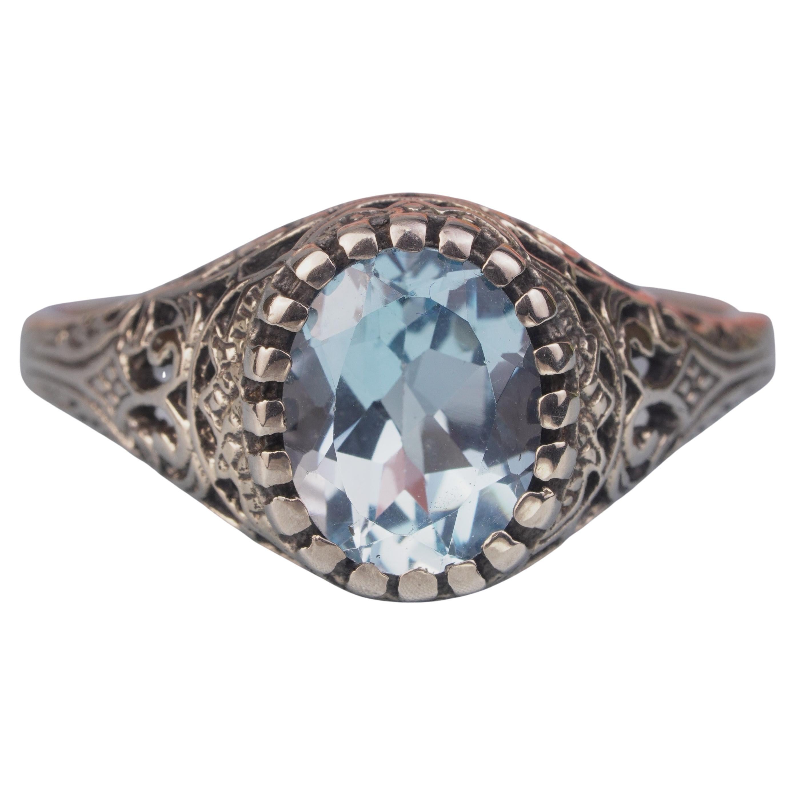 Silber925 Natürlicher Blautopas Vintage Filigraner Ring
