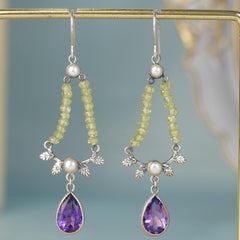 Silver925 Natural Pearl Amethyst Peridot Bead Diamond Earrings