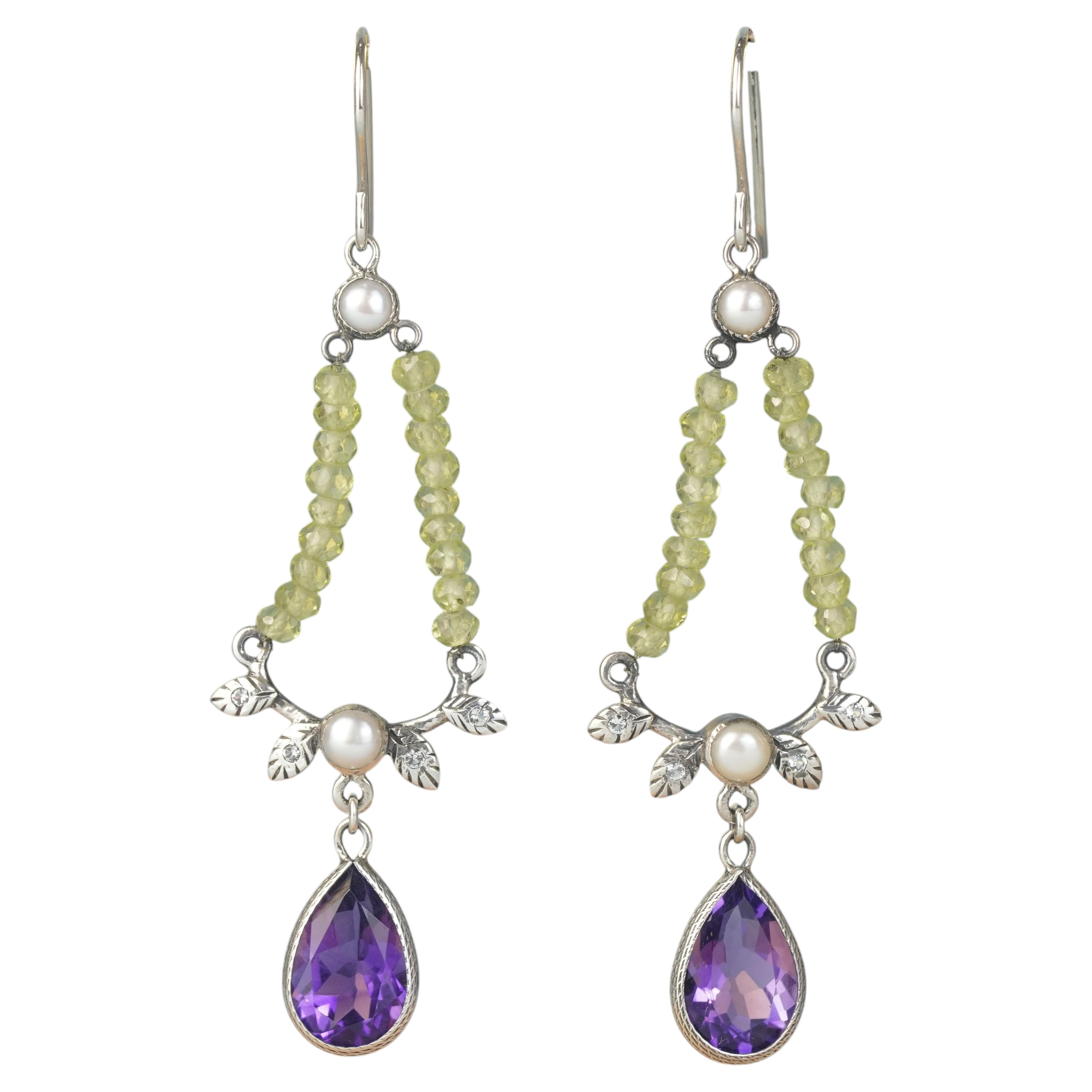 Silver925 Natural Pearl Amethyst Peridot Bead Diamond Earrings For Sale