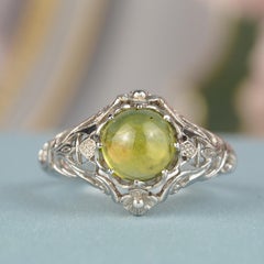 Silver925 Natural Peridot Cabochon Vintage Style Filigree Ring