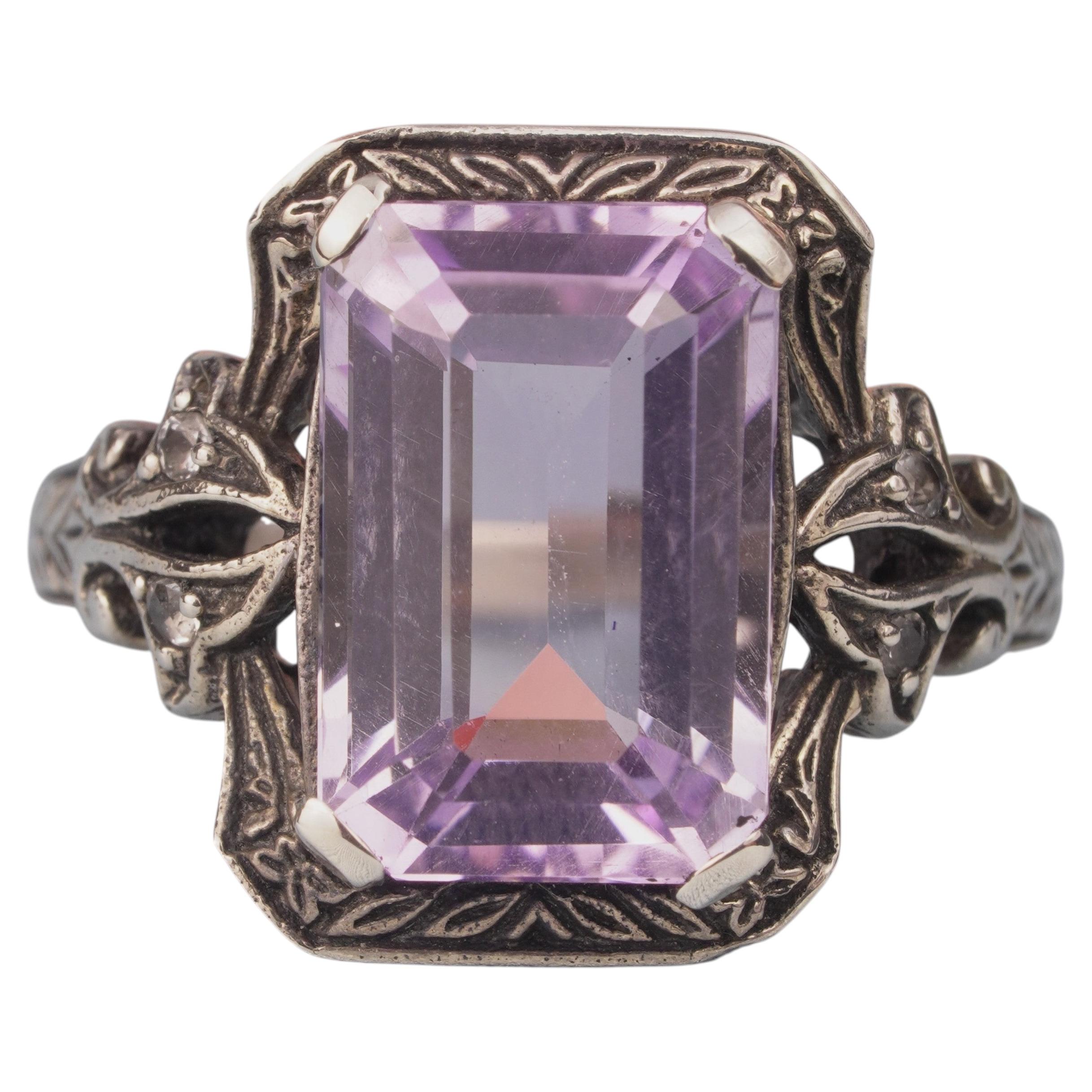 Silber925 Natürlicher Premium Amethyst Weißer Topas Vintage Filigraner Ring