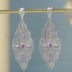 Orecchini in argento 925 con rubino naturale, perla e filigrana
