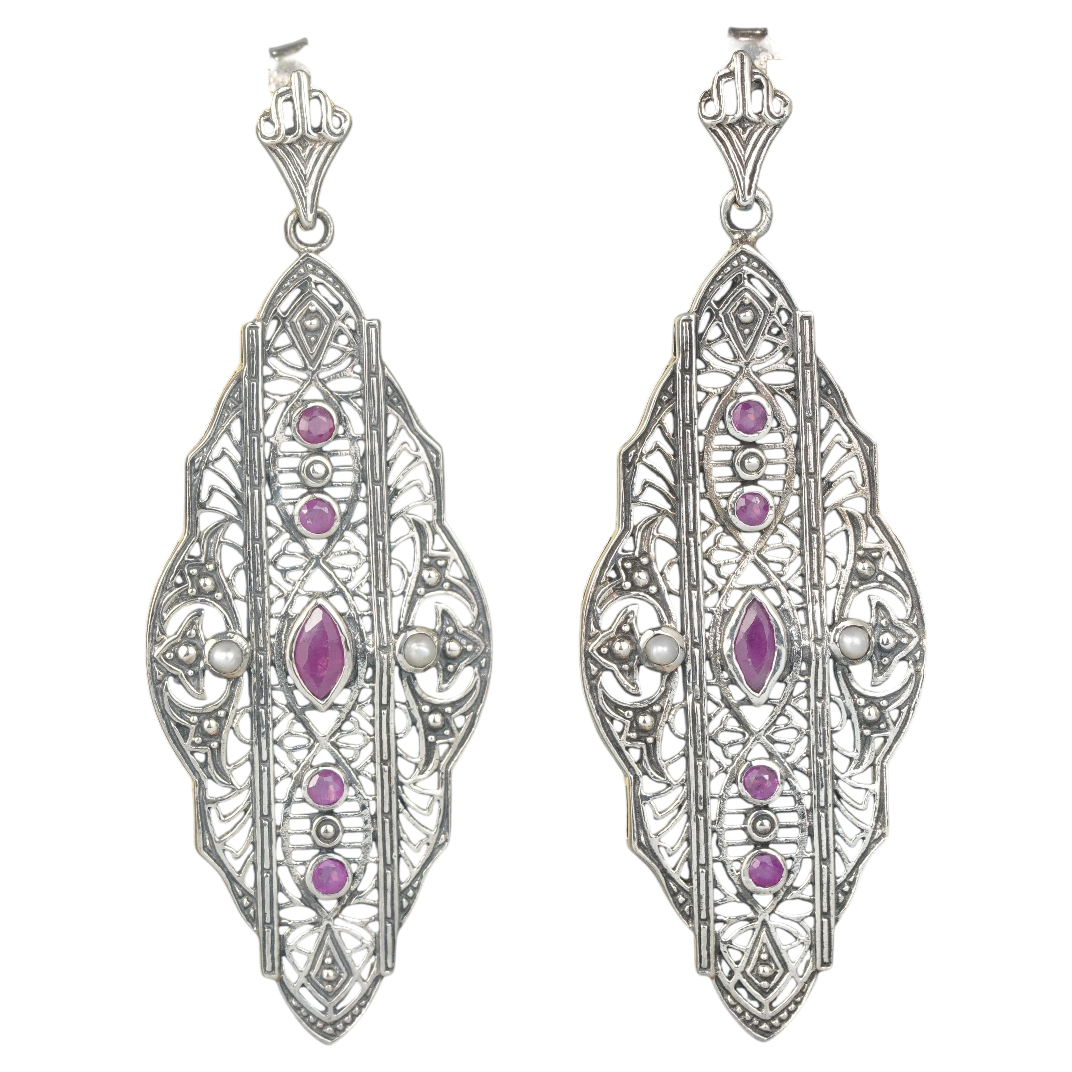 Pendientes de filigrana de plata 925 con rubí natural y perla