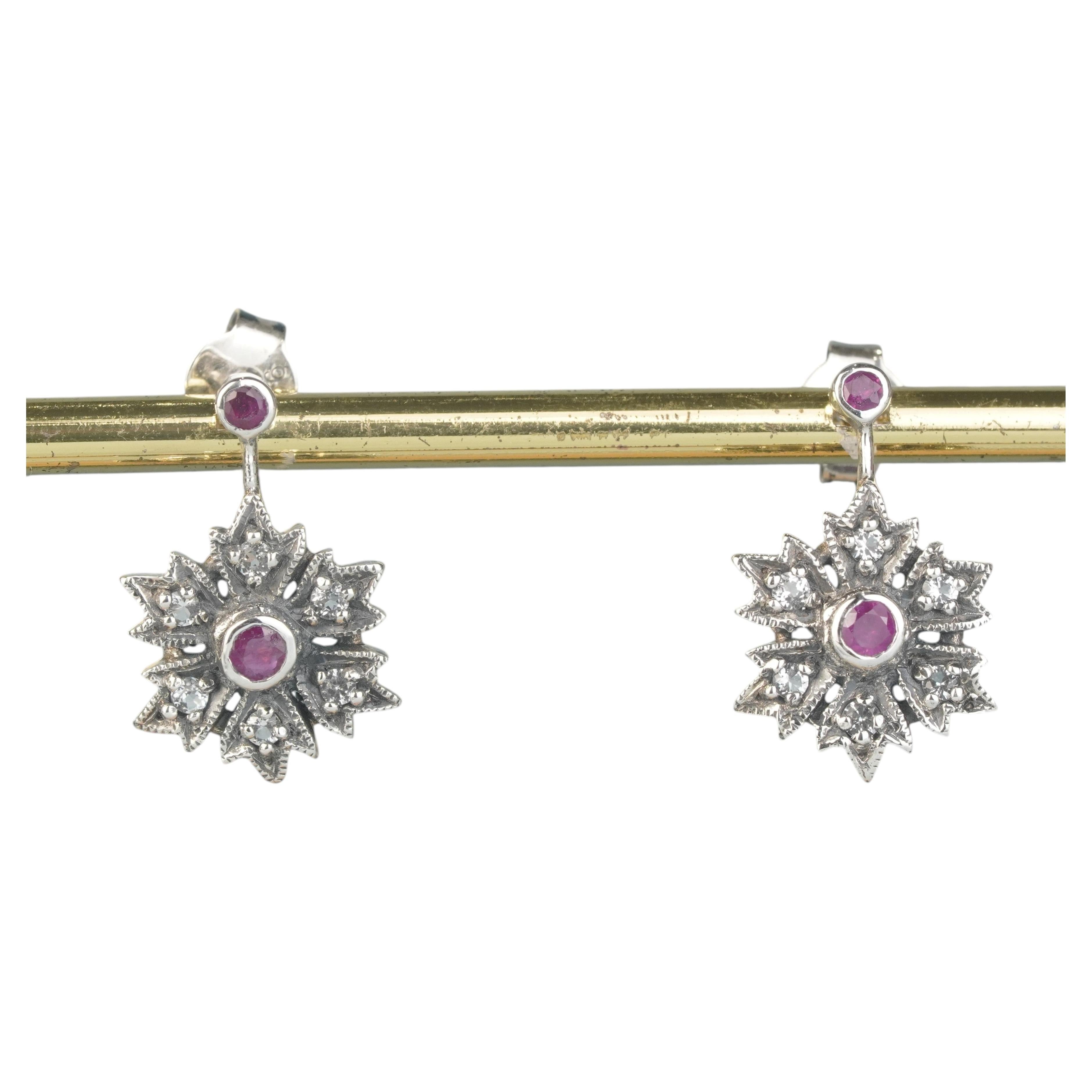 Boucles d'oreilles en argent 925 avec rubis naturel et topaze blanche, en filigrane