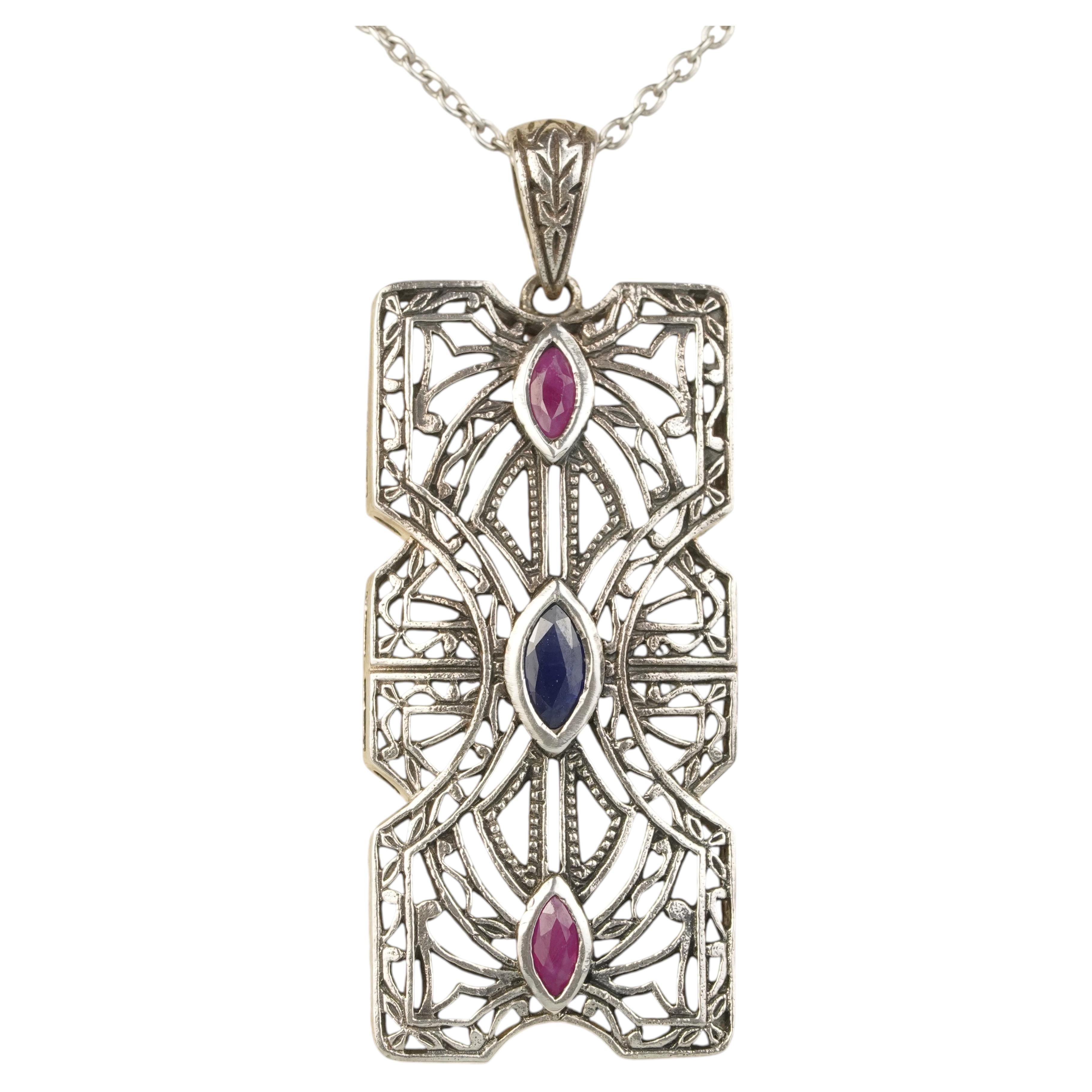 Silver925 Natural Sapphire Ruby Filigree Pendant