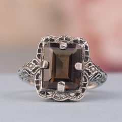 Silver925 Natural Smoke Quartz Vintage Filigree Ring