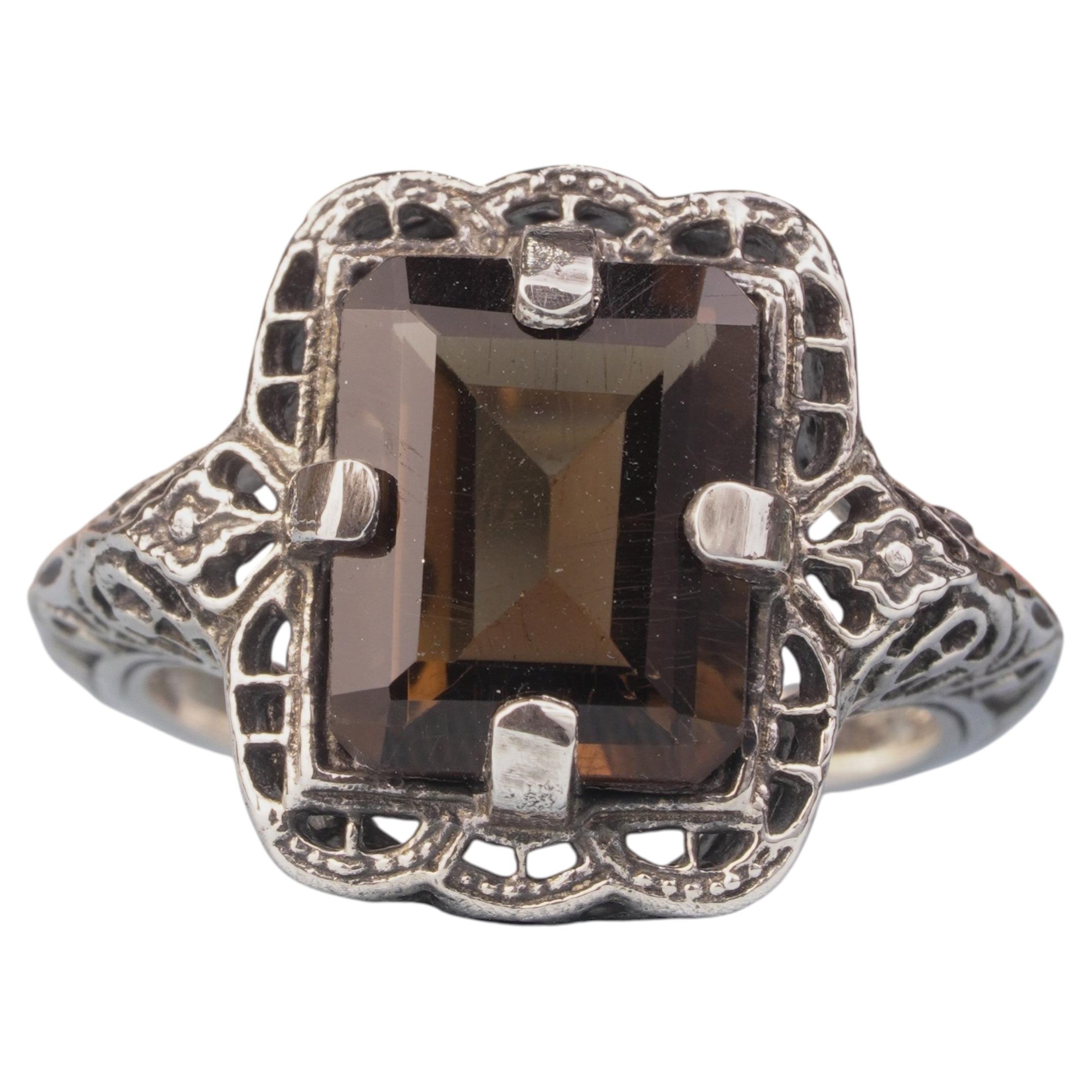 Silver925 Natural Smoke Quartz Vintage Filigree Ring