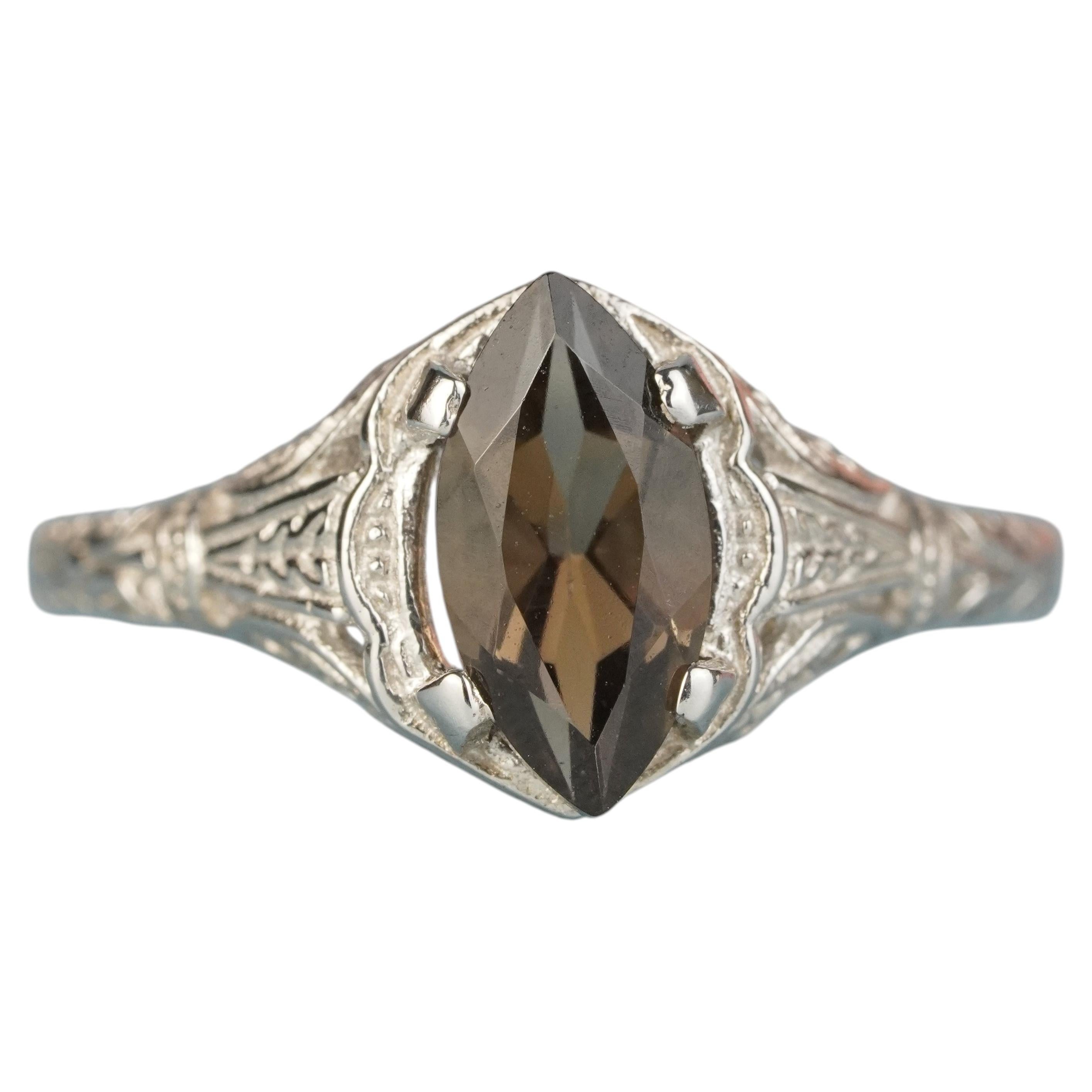 Silver925 Natural Smoky Quartz Vintage Style Filigree Ring