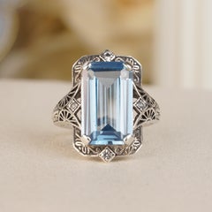 Silver925 Lab Created Aquamarine White Topaz Vintage Filigree Ring