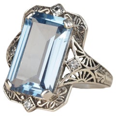 Silver925 Lab Created Aquamarine White Topaz Vintage Filigree Ring