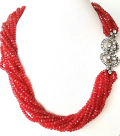 Silver, paste and red glass bead twist multi strand necklace, 1930s