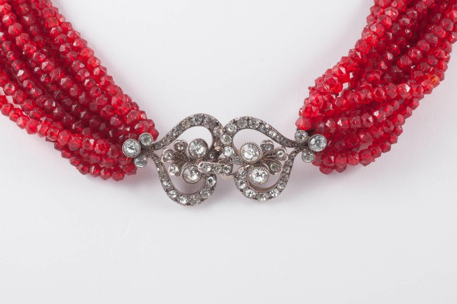 Art Déco Collana a più fili in argento, pasta e perle di vetro rosse, anni '30 in vendita
