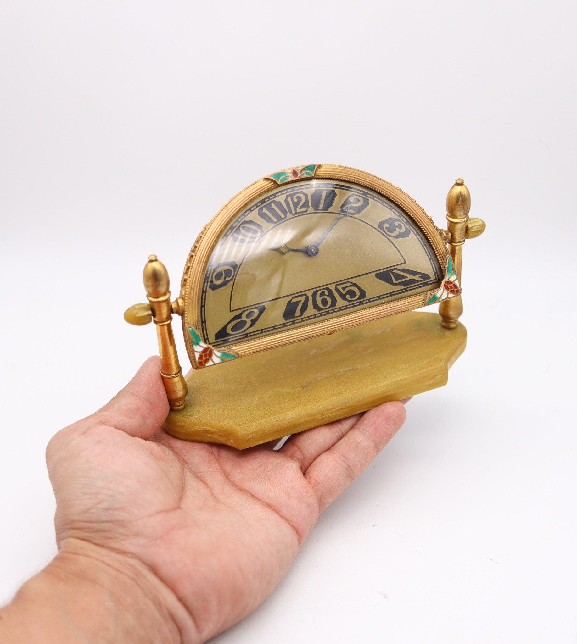 SILVERCRAFT 1920 Art Deco Cloisonne Enamel Desk Clock In Gilt Brass & Bakelite For Sale 4
