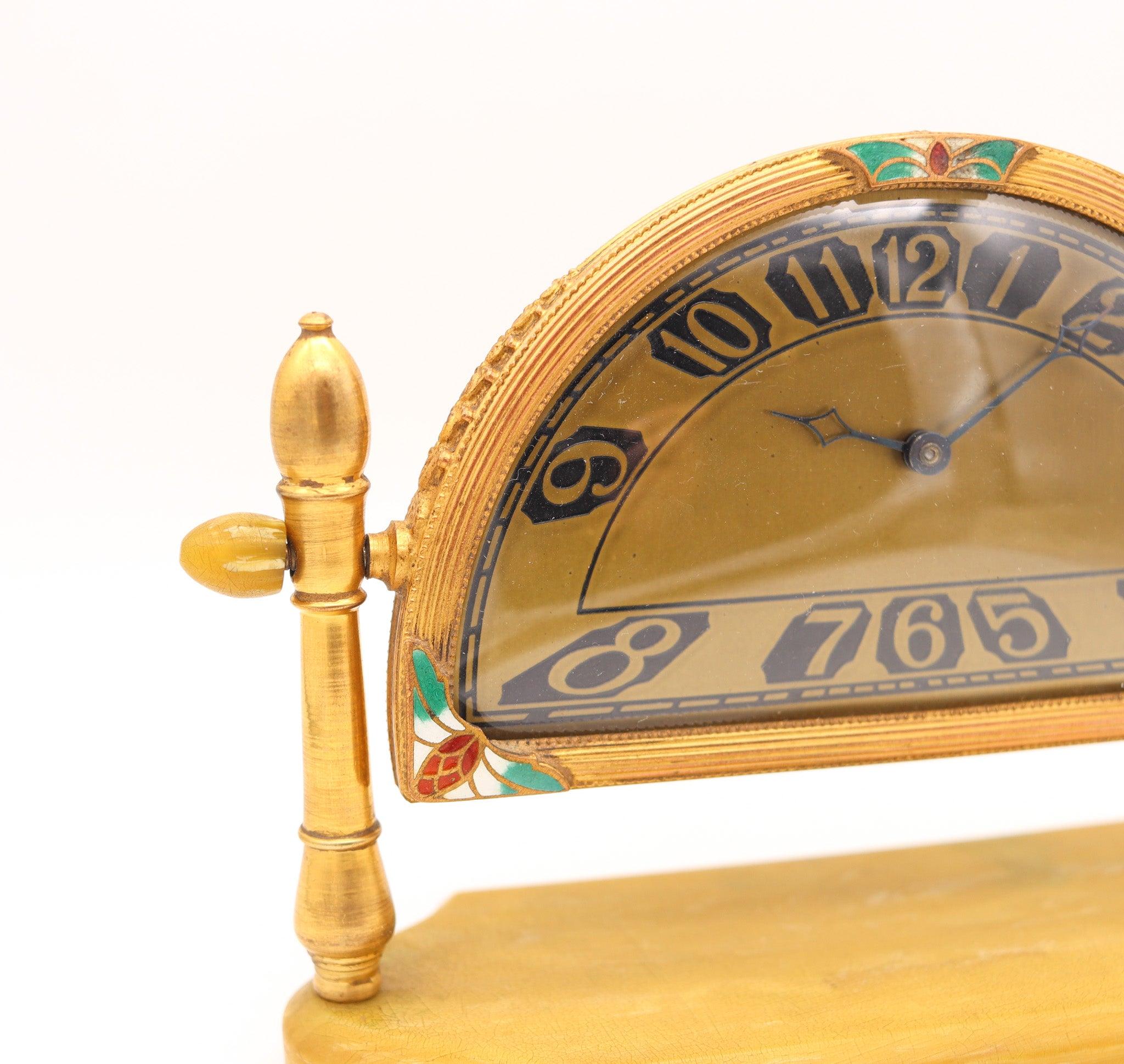 American SILVERCRAFT 1920 Art Deco Cloisonne Enamel Desk Clock In Gilt Brass & Bakelite For Sale