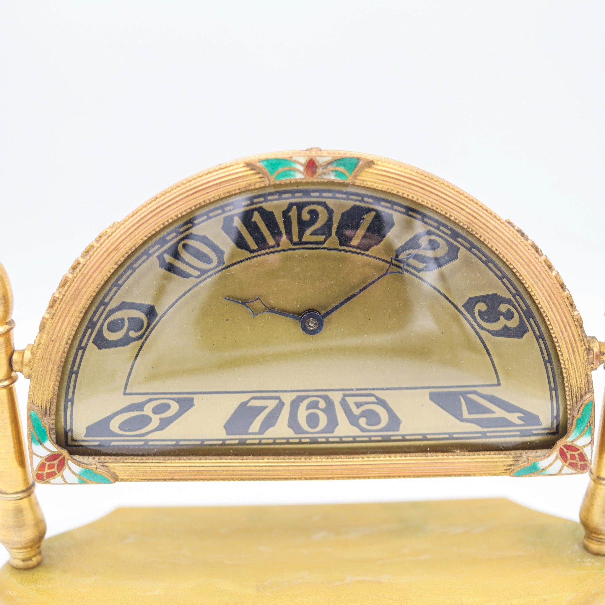 Enameled SILVERCRAFT 1920 Art Deco Cloisonne Enamel Desk Clock In Gilt Brass & Bakelite For Sale