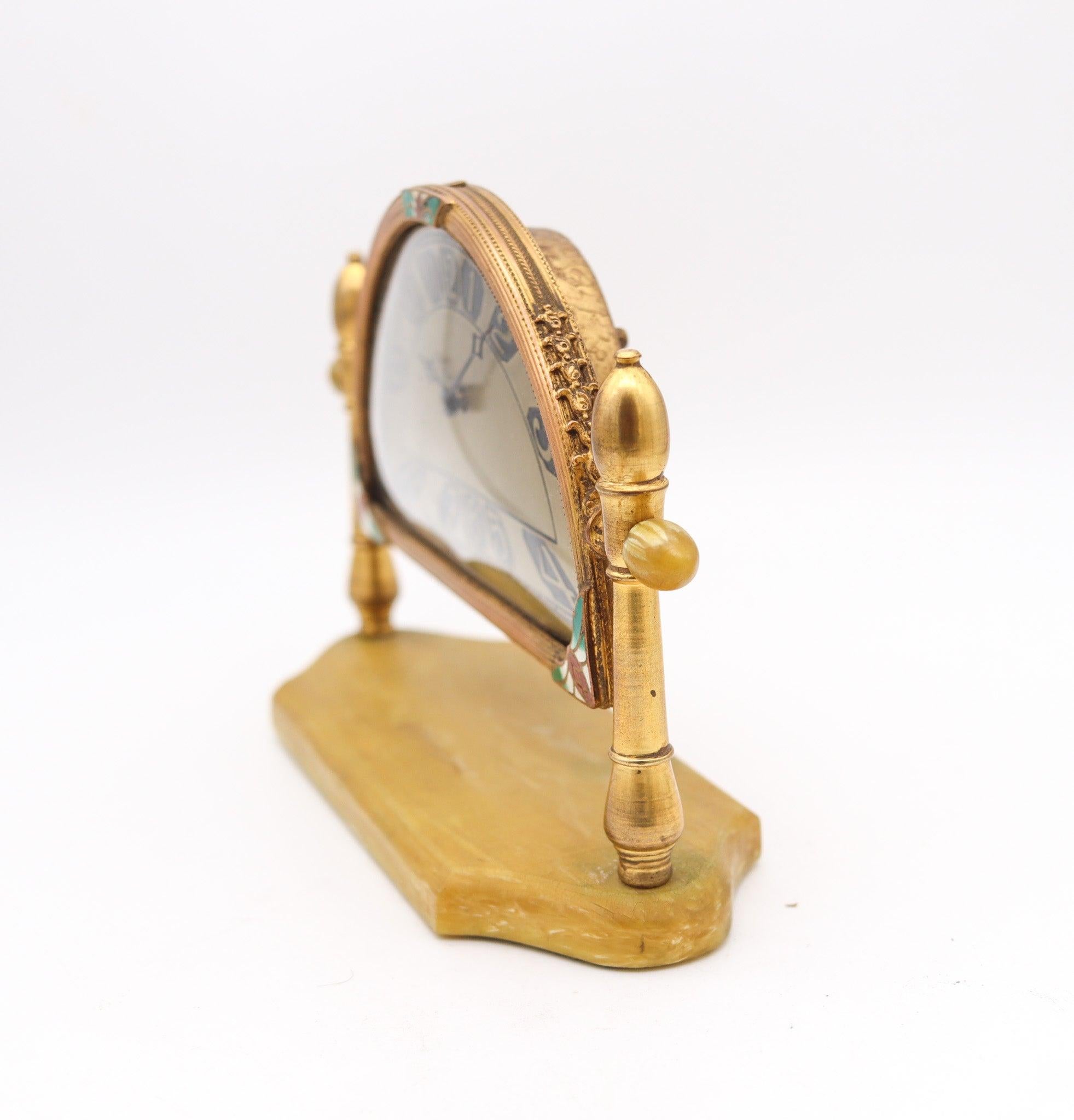 SILVERCRAFT 1920 Art Deco Cloisonne Enamel Desk Clock In Gilt Brass & Bakelite For Sale 3
